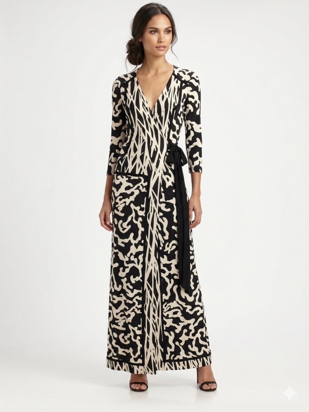 Diane Von Furstenberg Silk Jersey Black and Cream Wrap-Style Maxi Dress